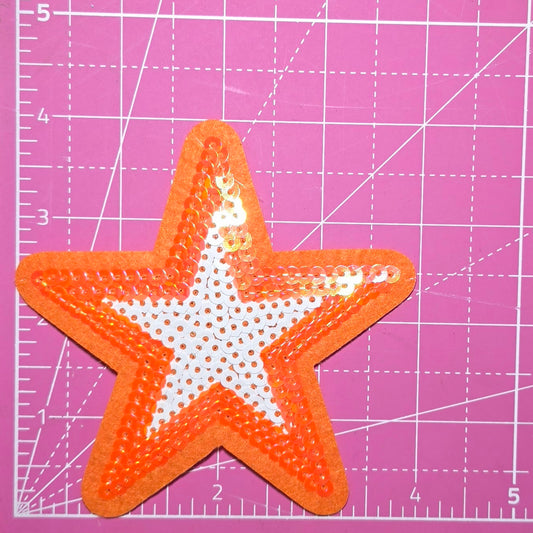 Outline Star Orange and White Sequin Iron On Patch