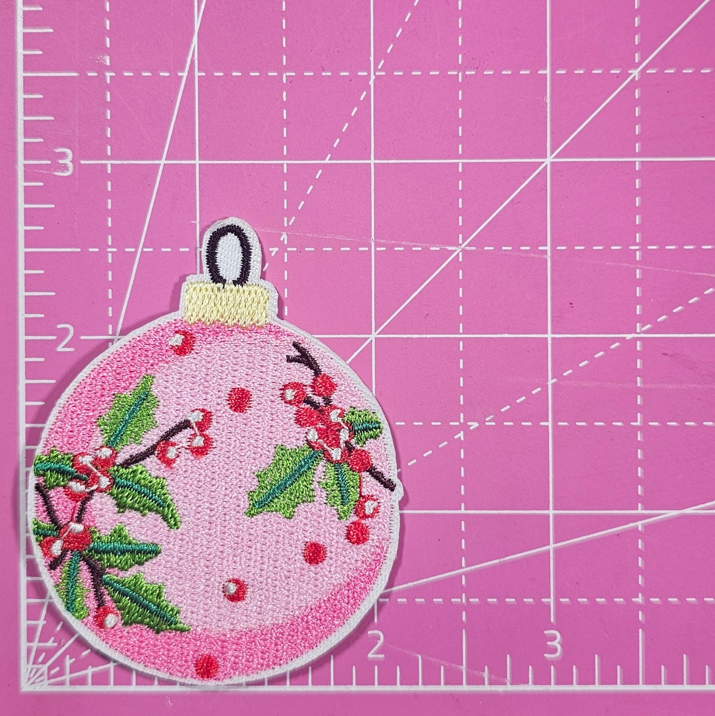 Pink Ornament Christmas Holly Berries Embroidery Iron On Patch
