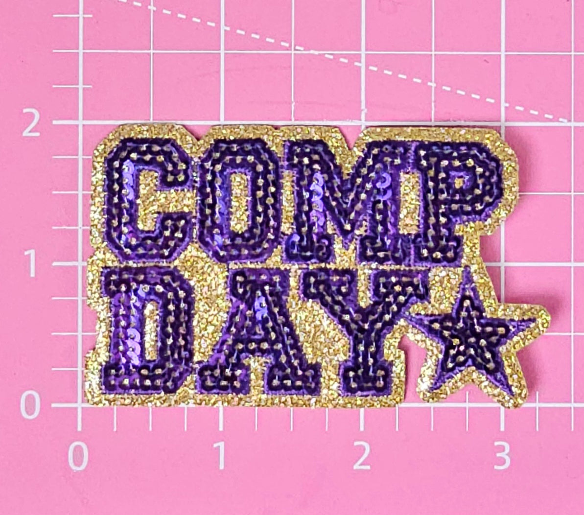 COMP DAY Cheer Dance Sequin on Glitter Small Iron-on Patch
