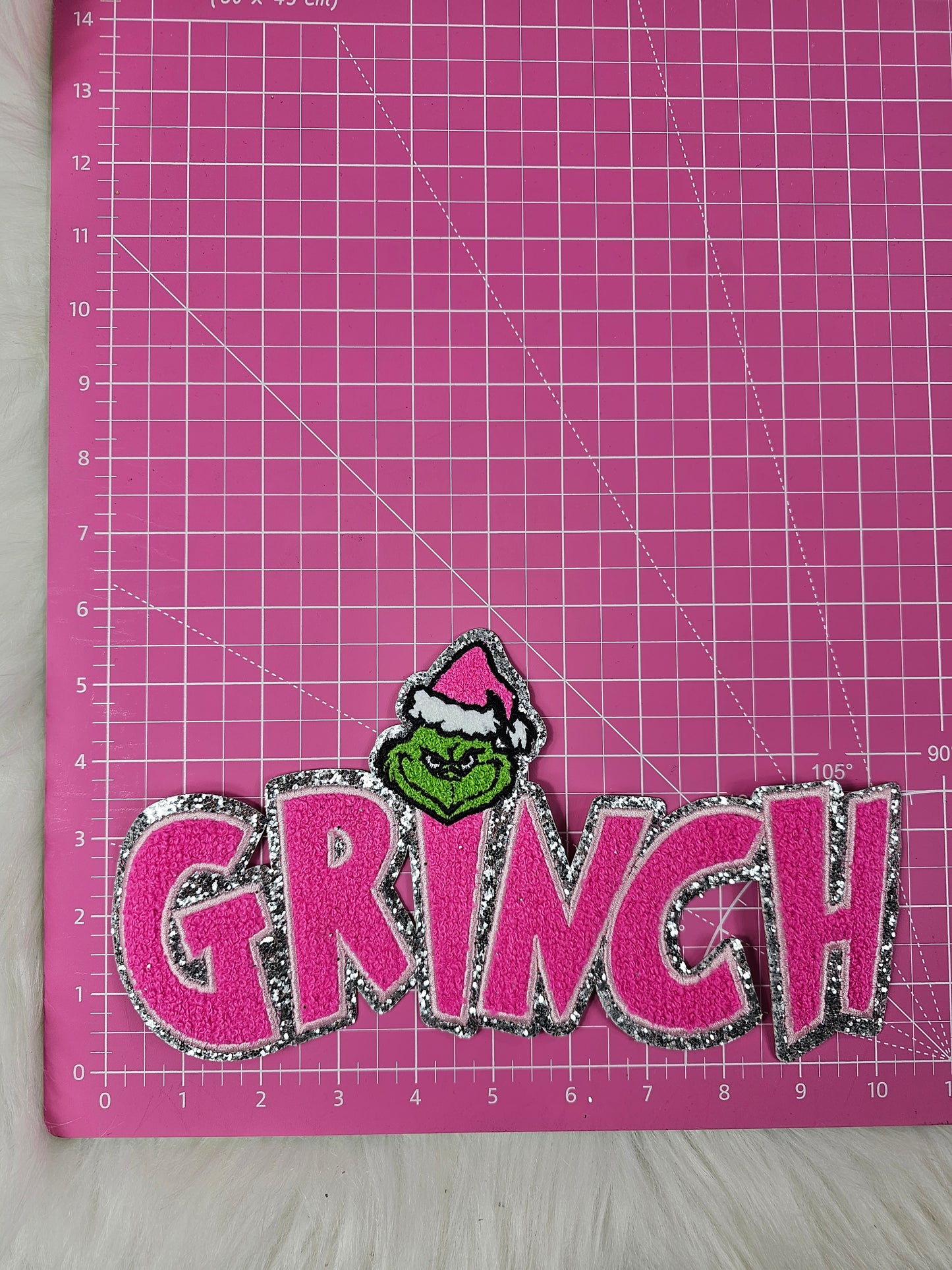 Pink Grinchy Chenille Silver Glitter Iron-on Patch