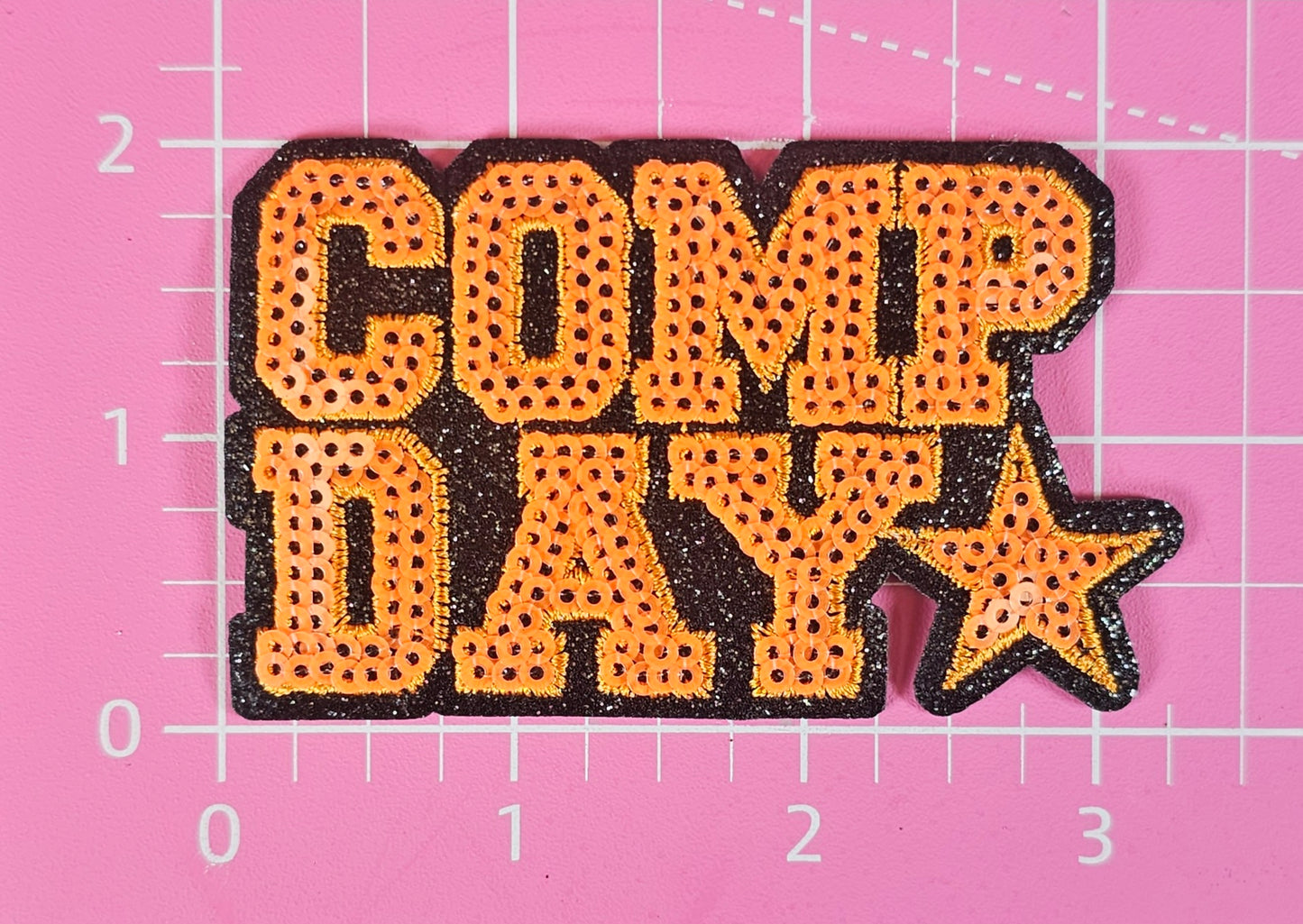 COMP DAY Cheer Dance Sequin on Glitter Small Iron-on Patch