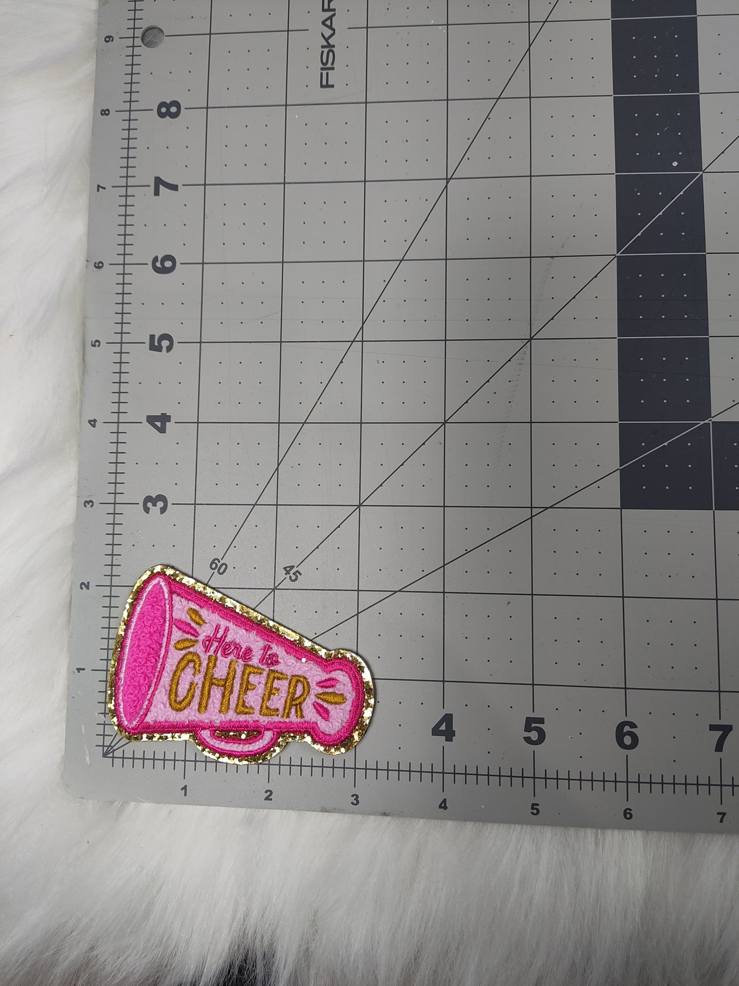 'Here to Cheer' Megaphone Pink Iron On Patch With Gold Glitter