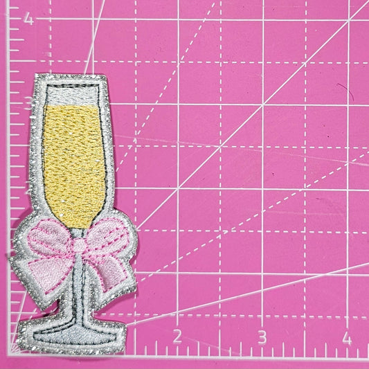 Champagne Flute Pink Coquette Bow on Silver Glitter Iron On Patch