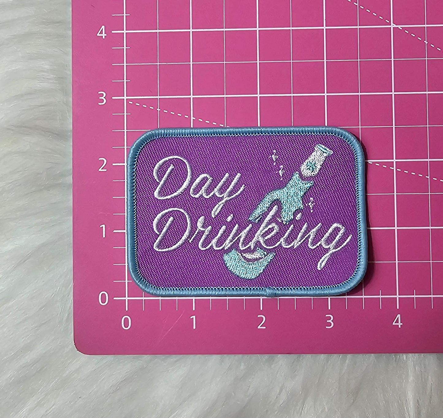 'Day Drinking' Champagne Bottle Purple and Blue Embroidery Iron On Patch