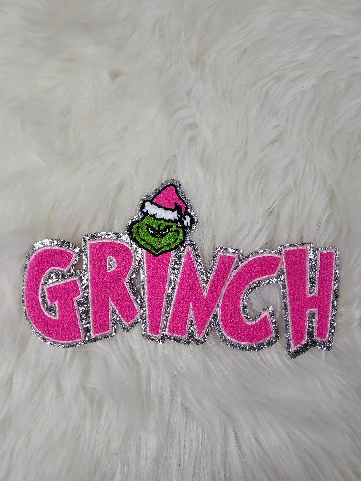 Pink Grinchy Chenille Silver Glitter Iron-on Patch