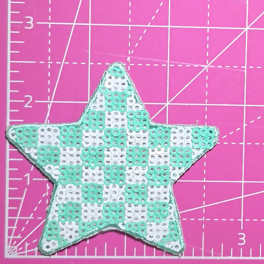 Checkered Star Small Minty Green White Sequin Iron On Patch