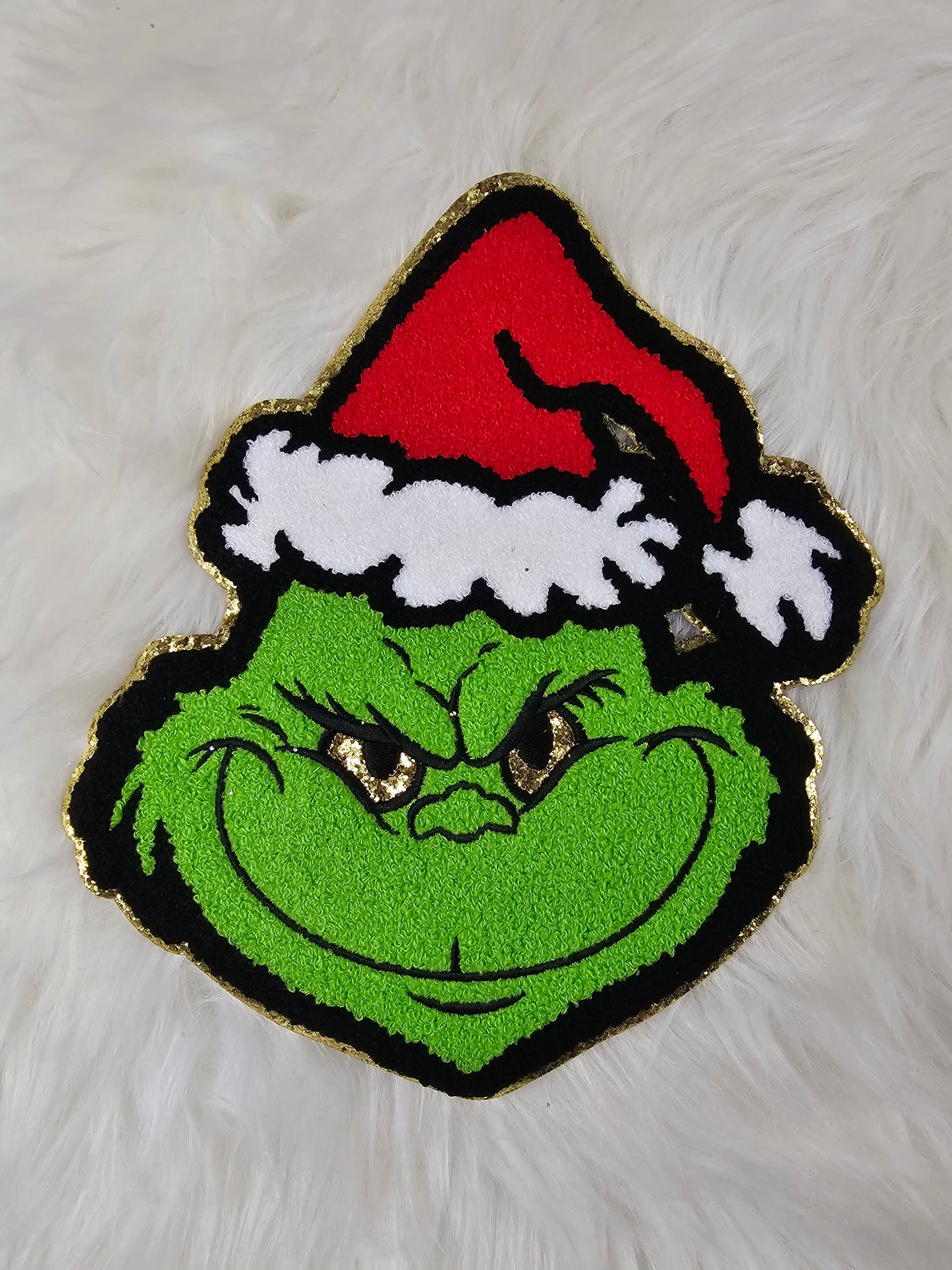 Large Grinchy with Gold Glitter Iron On Patch