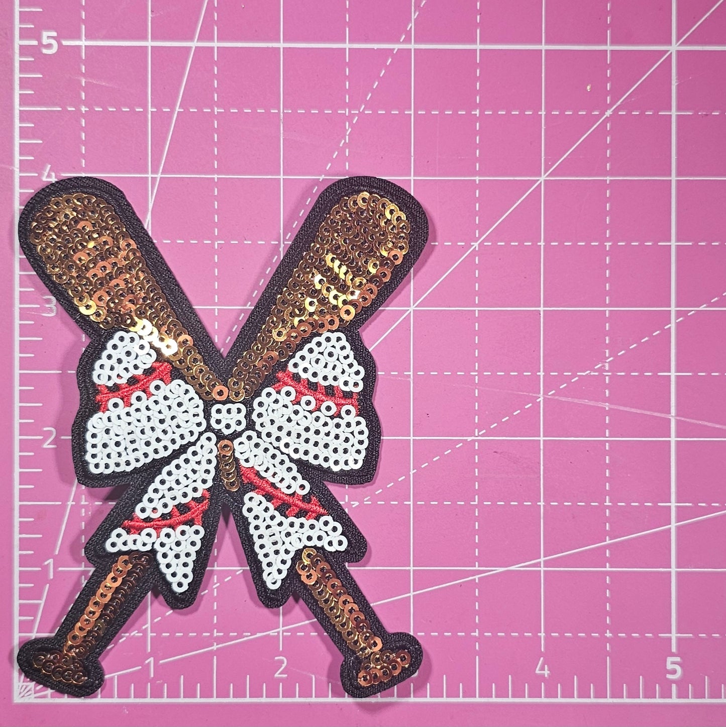 Baseball Bat Bow Sequin Black Glitter Small Iron On Patch
