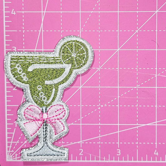 Margarita Coquette Bow on Silver Glitter Iron On Patch