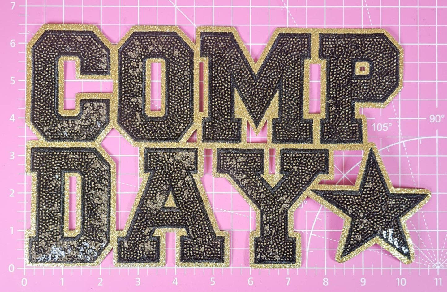 COMP DAY Cheer Dance Sequin on Glitter Large Iron-on Patch