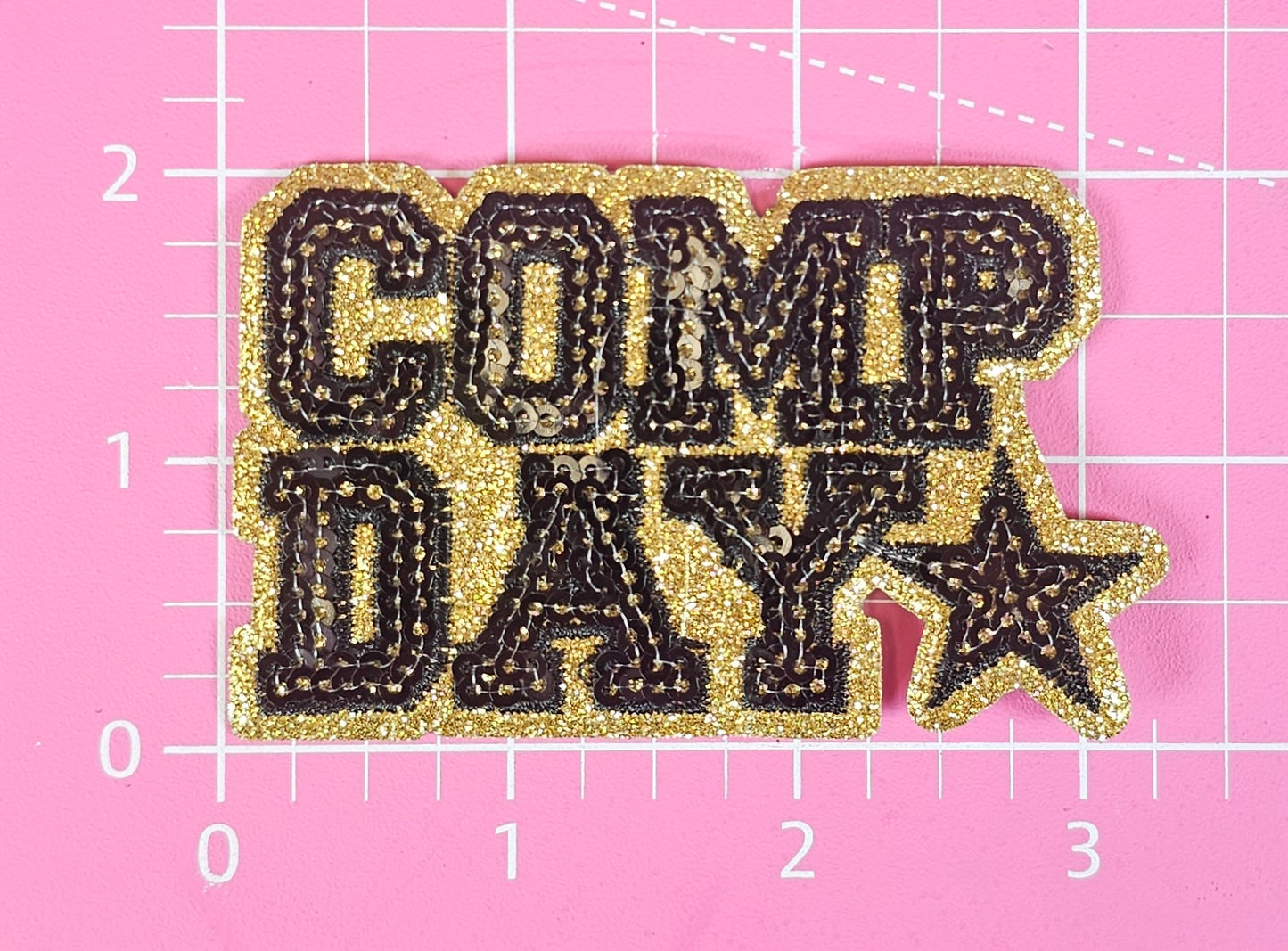 COMP DAY Cheer Dance Sequin on Glitter Small Iron-on Patch