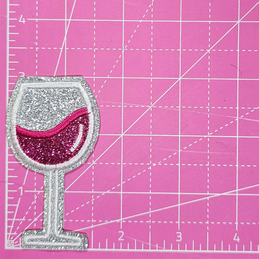 Wine Glass on Silver Glitter Iron On Patch