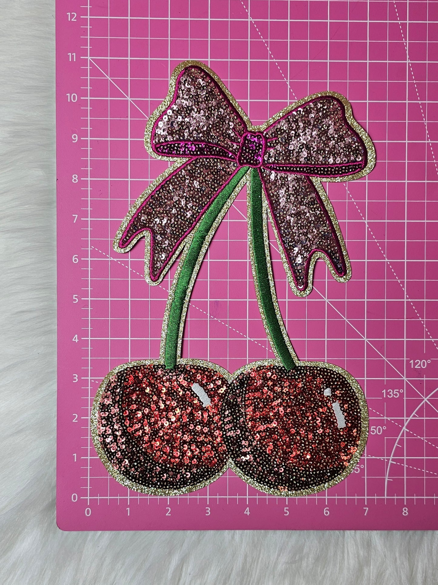 Large Cherry and Pink Bow Sequin Iron On Patch