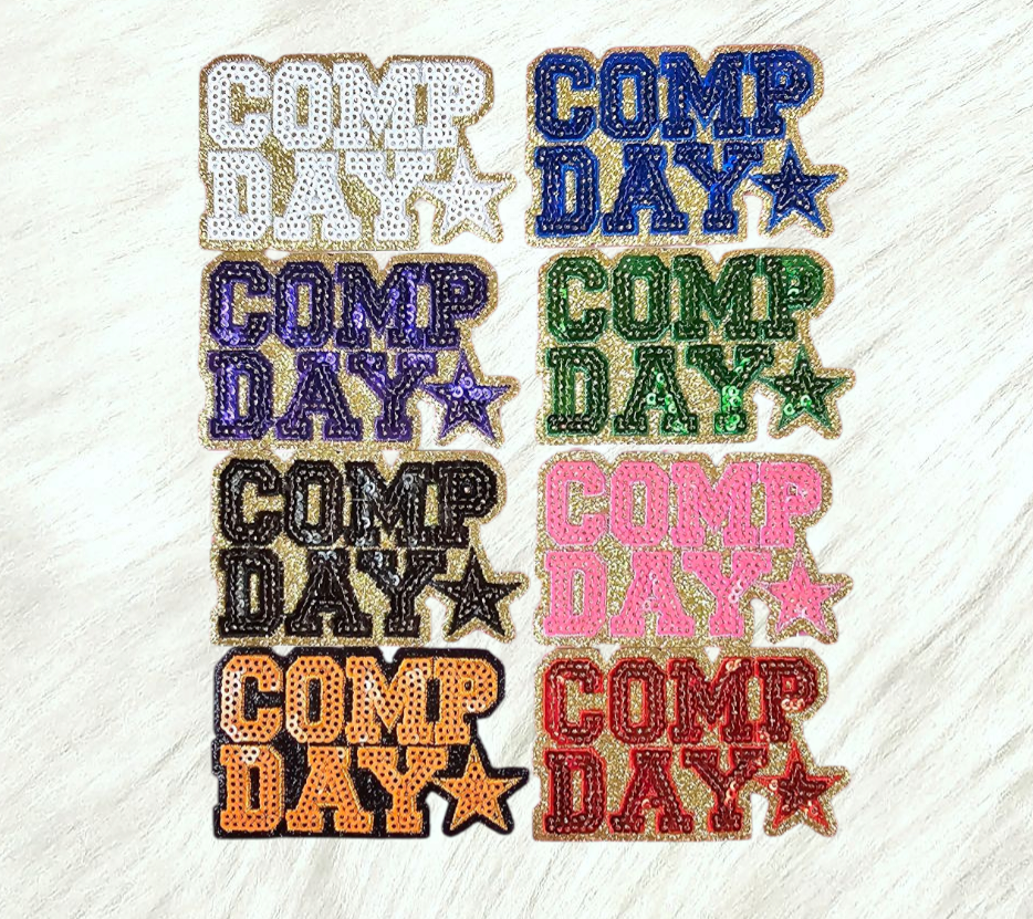 COMP DAY Cheer Dance Sequin on Glitter Small Iron-on Patch