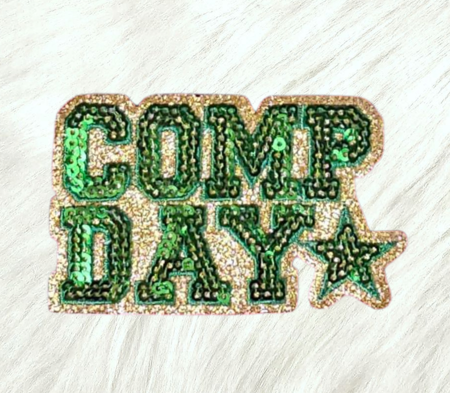 COMP DAY Cheer Dance Sequin on Glitter Small Iron-on Patch