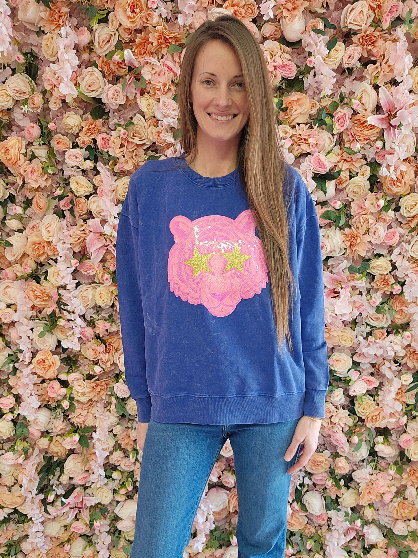 Hot Pink Tiger Mascot Sewn on Sequin Acid Wash Crew by Pretty Preppy Co.