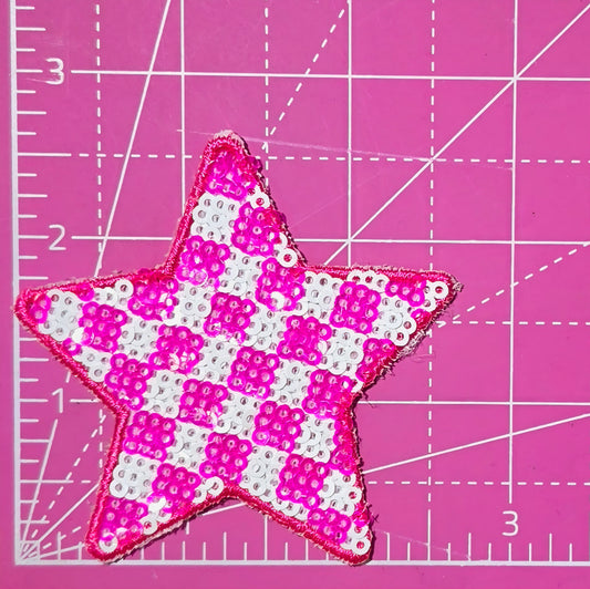 Checkered Star Small Pink White Sequin Iron On Patch