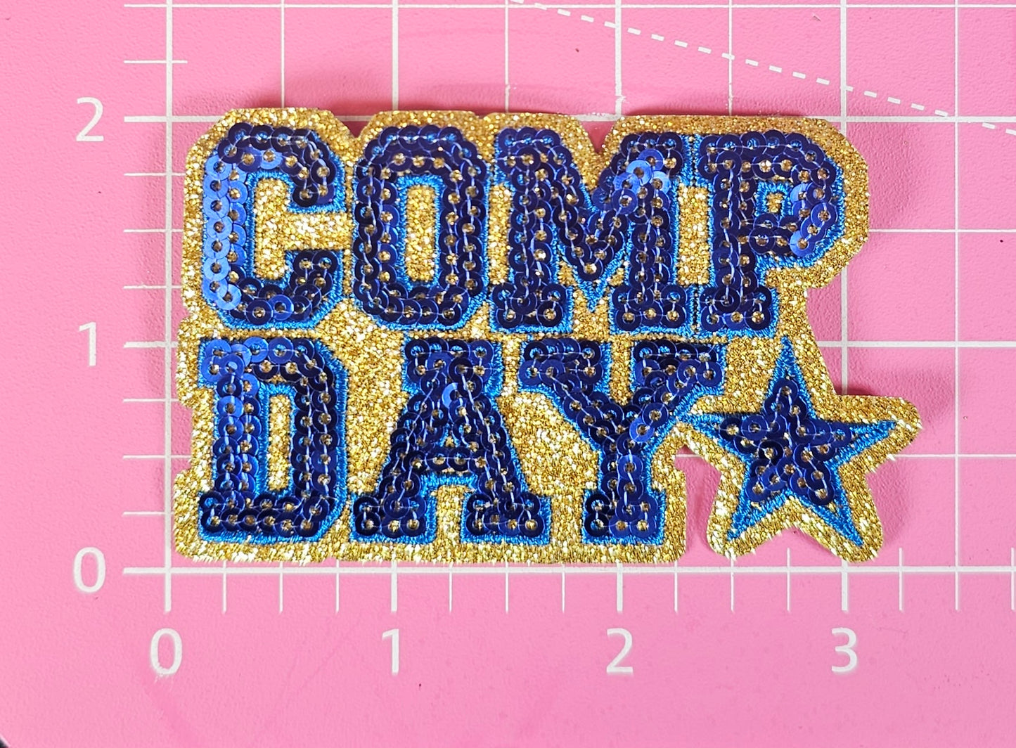 COMP DAY Cheer Dance Sequin on Glitter Small Iron-on Patch