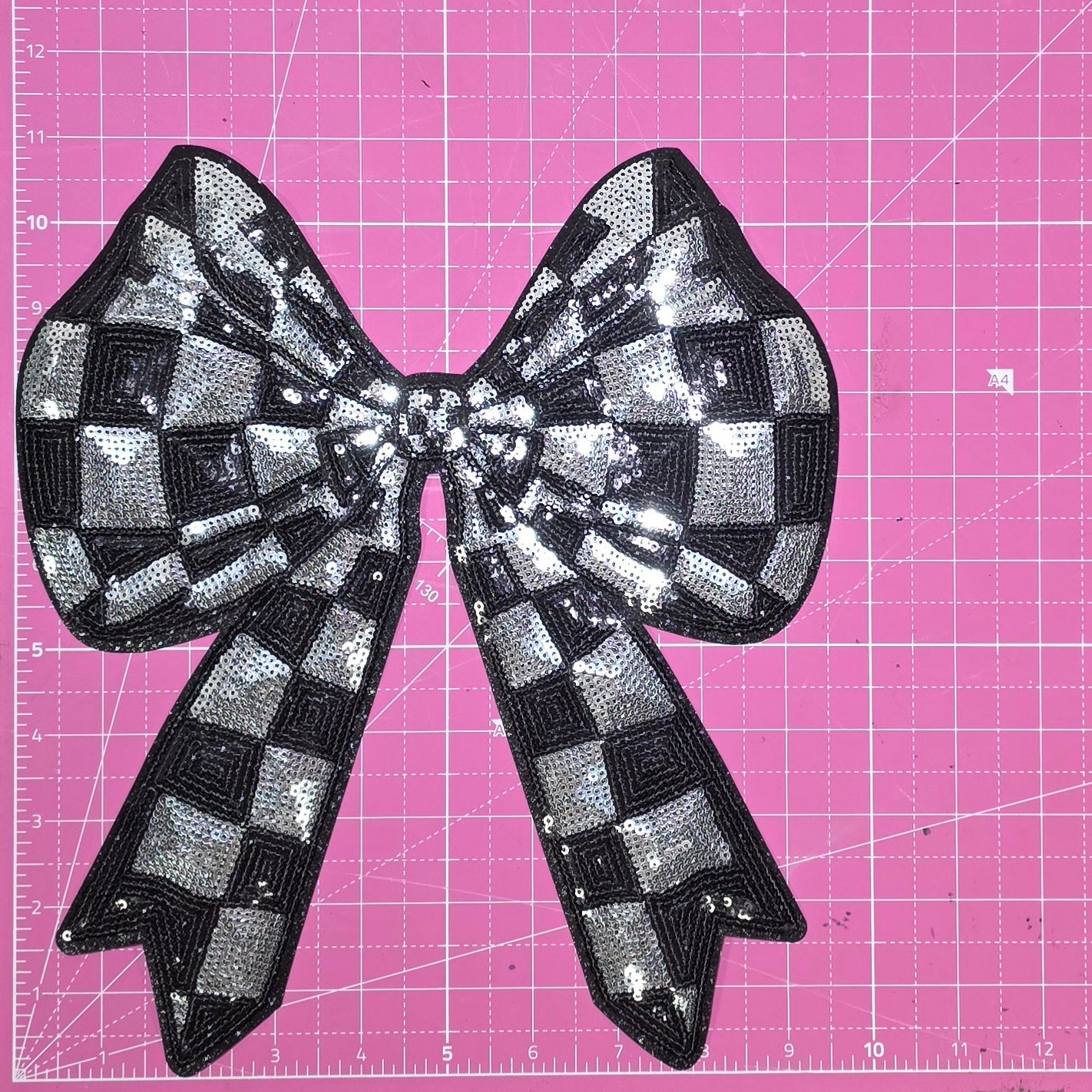 Checkered Bow Black and Silver Sequin Black Glitter Large Iron On Patch