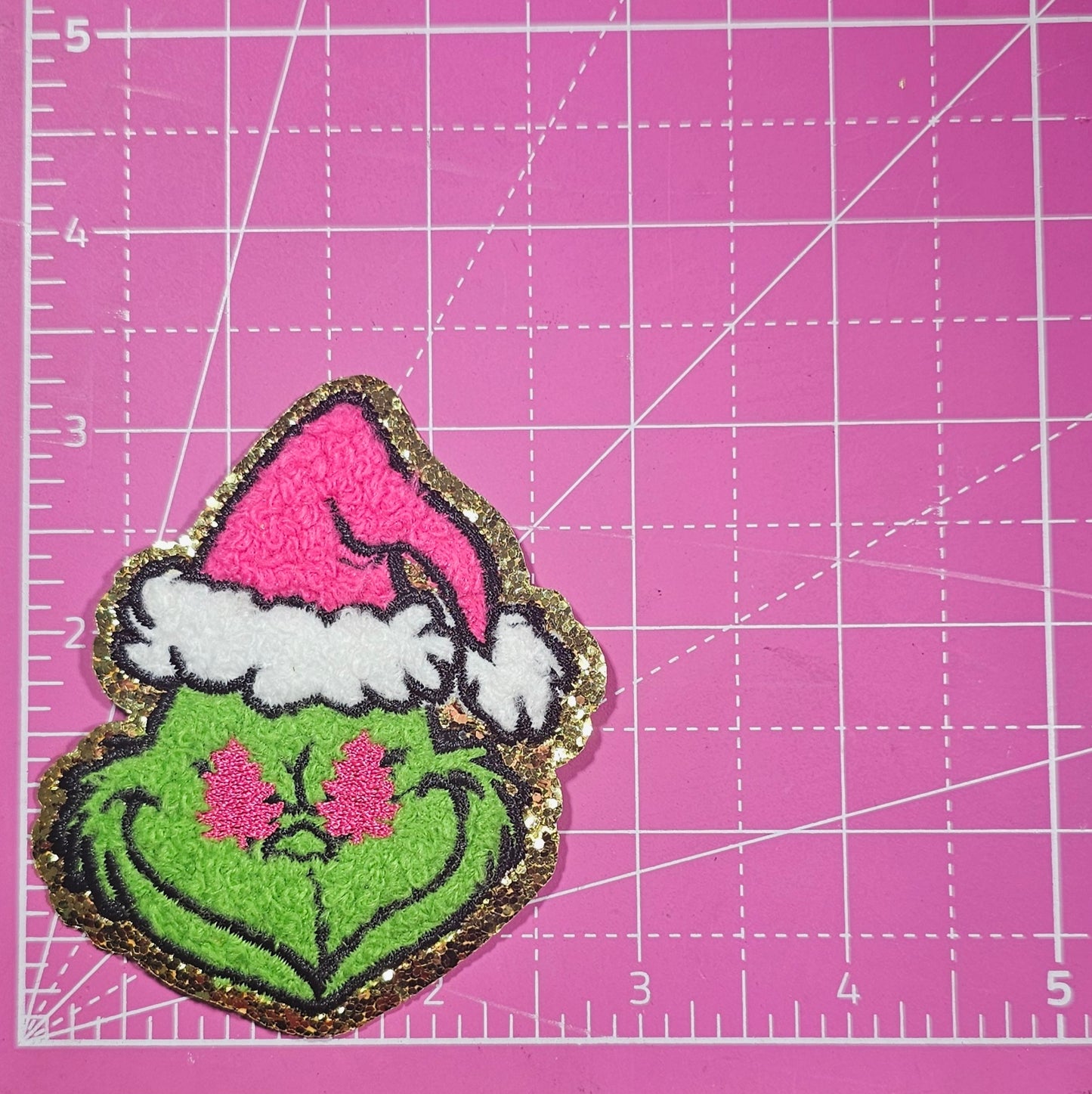 Grinchy Tree Eyes Pink Hat Chenille Embroidery Iron On Patch
