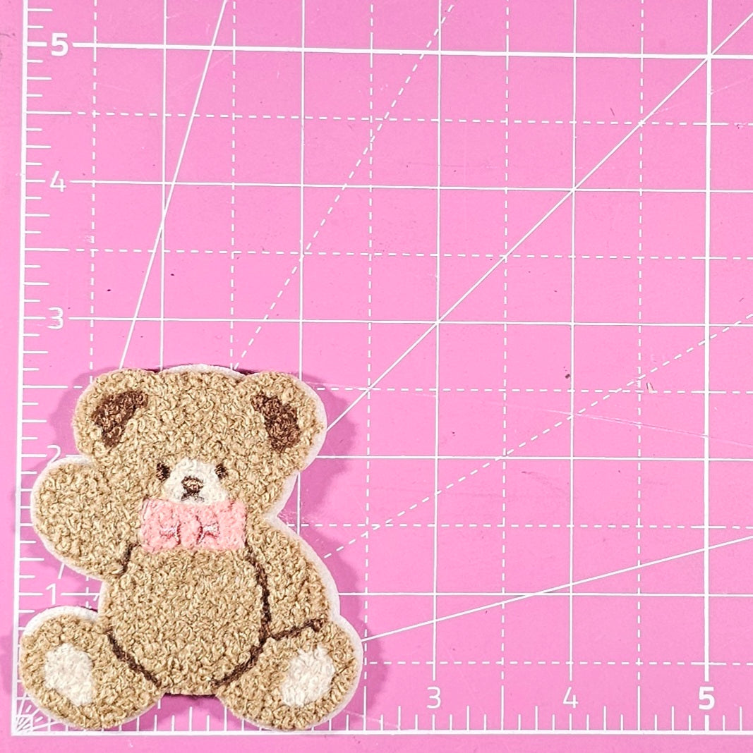 Teddy Bear Pink Bow Small Chenille Iron On Patch