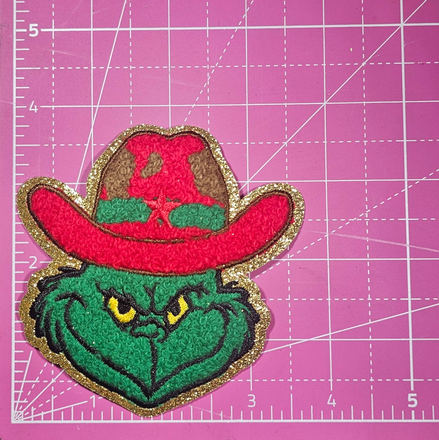 Grinchy Rodeo Western Red Hat Chenille Embrioidery Iron On Patch