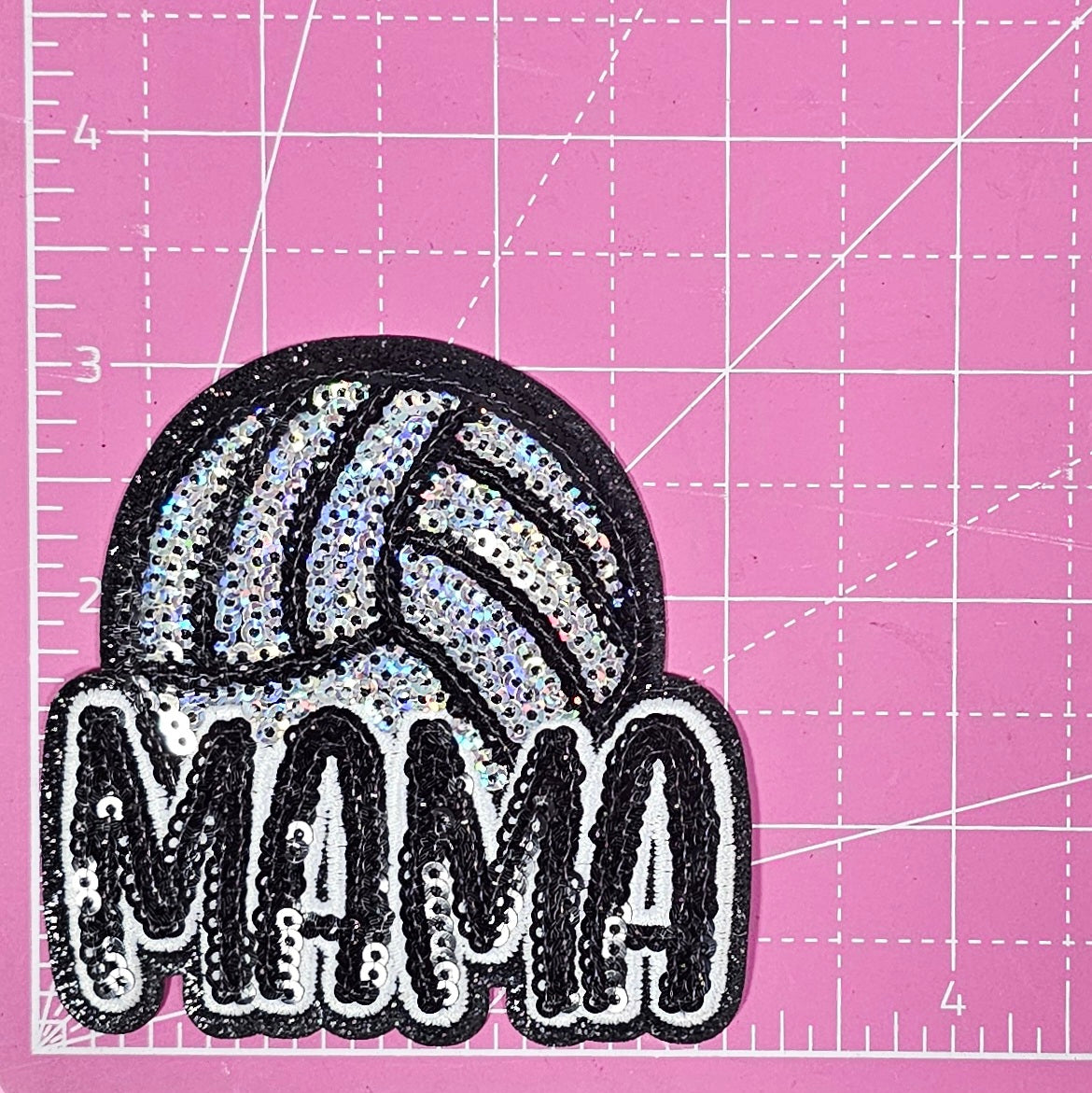 Volleyball Mama Sequin Black Glitter Small Iron On Patch