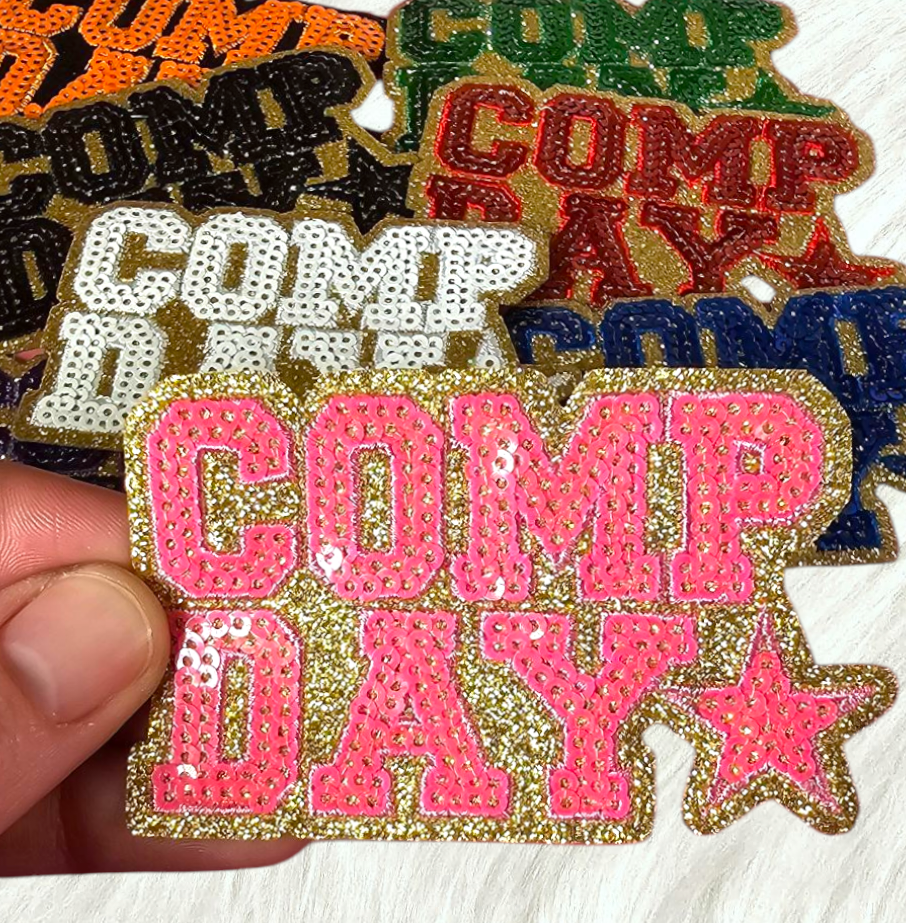 COMP DAY Cheer Dance Sequin on Glitter Small Iron-on Patch
