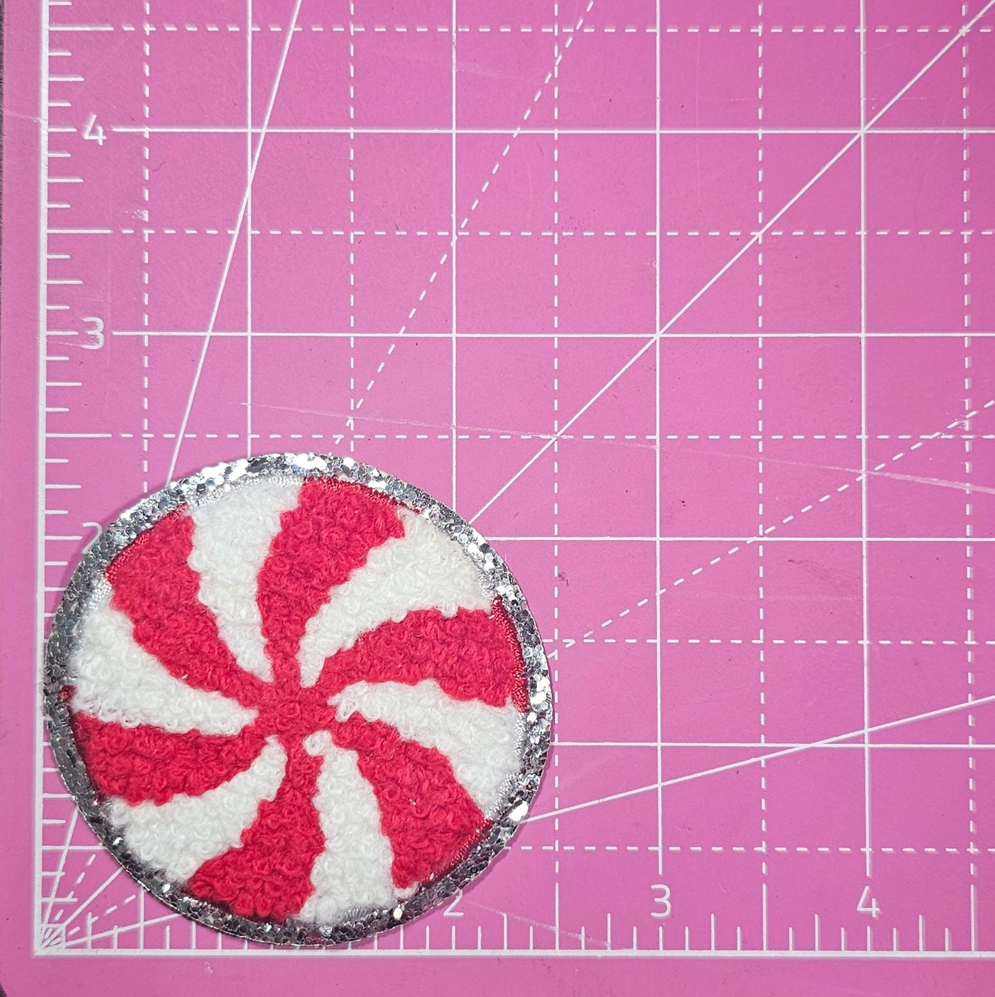 Peppermint Christmas Candy Chenille Silver Glitter Iron On Patch