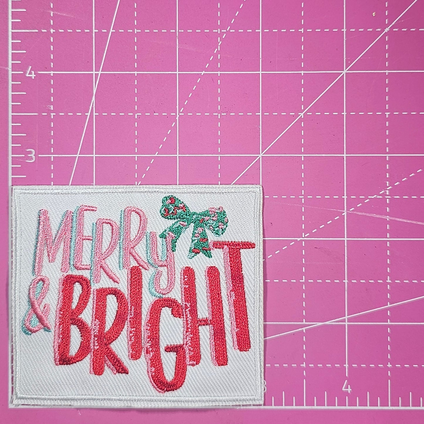 Merry and Bright Christmas Bow Embroidery Iron On Patch