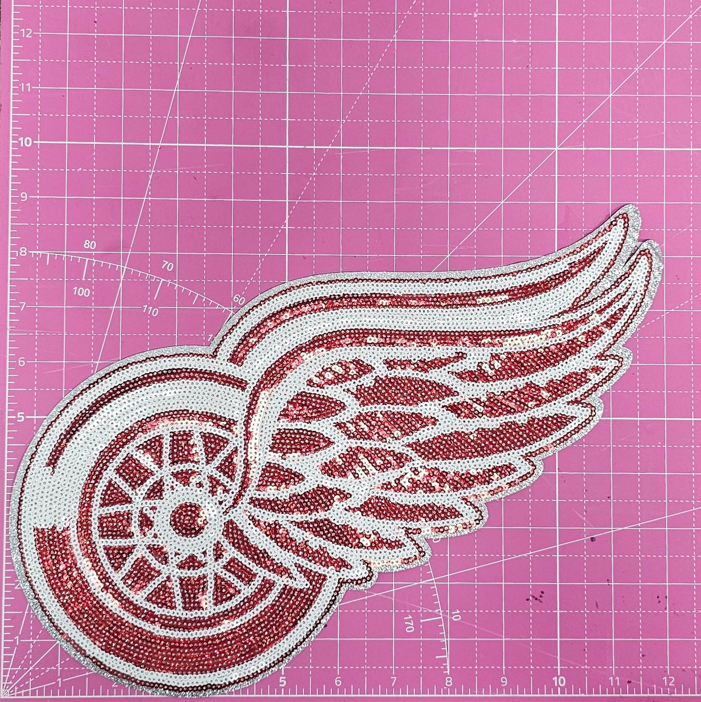 Red Wing Wheel Detroit Sequin with Silver Glitter Large Iron On Patch