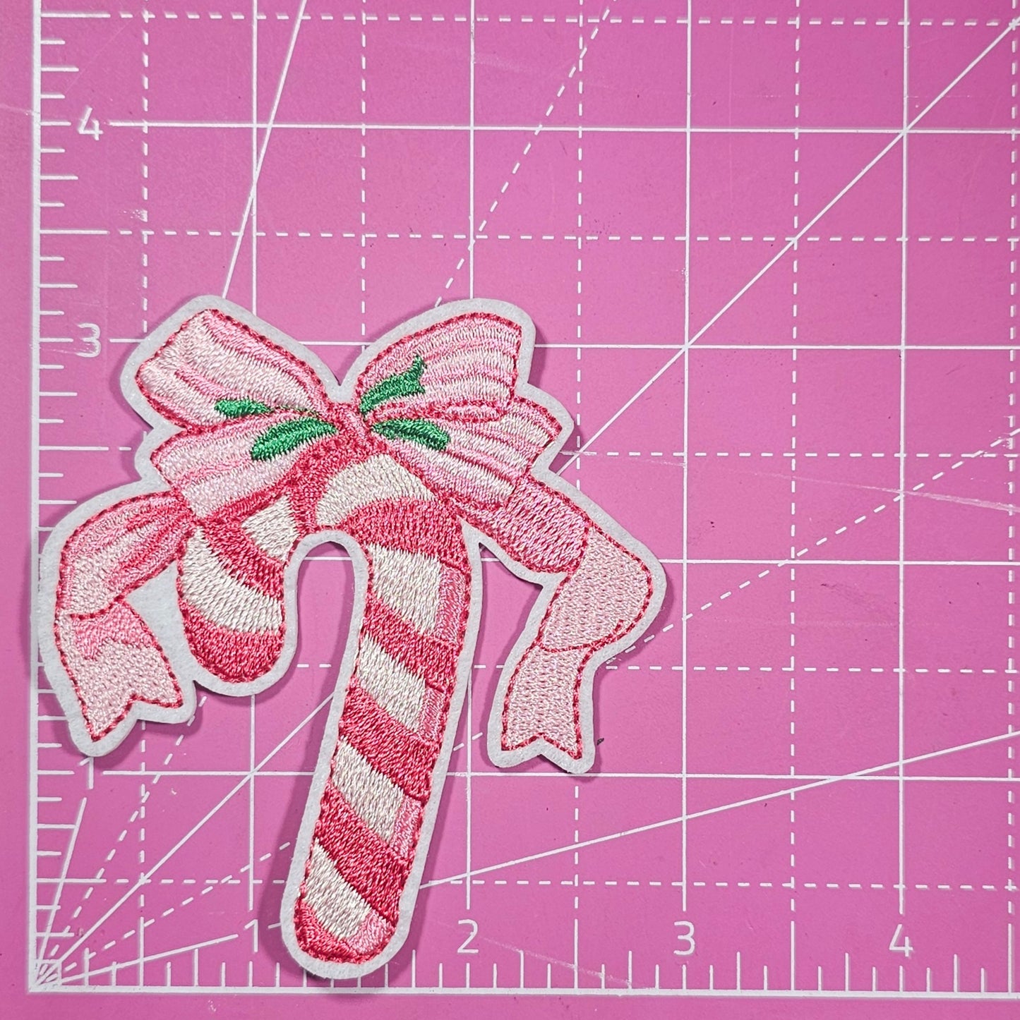 Candy Cane Pink Bow and Mistletoe Embroidery Iron On Patch