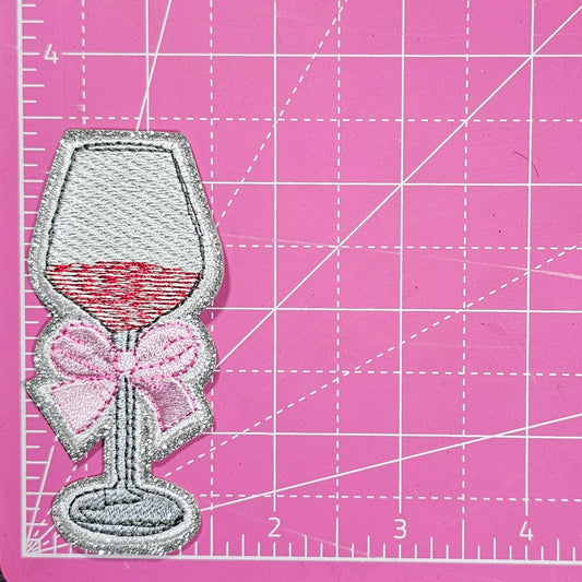 Wine Glass Pink Coquette Bow on Silver Glitter Iron On Patch