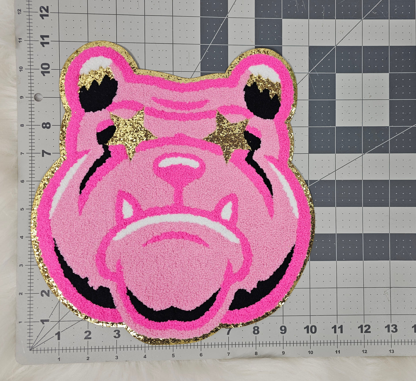 Hot Pink Bulldog Mascot with Star Eyes Large Chenille Iron-on Patch