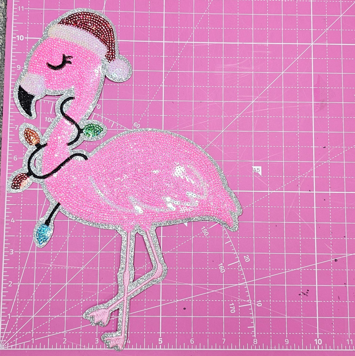Christmas Pink Flamingo Tree Lights Sequin on Silver Glitter Iron-on Patch
