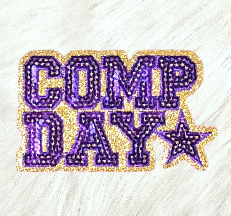 COMP DAY Cheer Dance Sequin on Glitter Small Iron-on Patch
