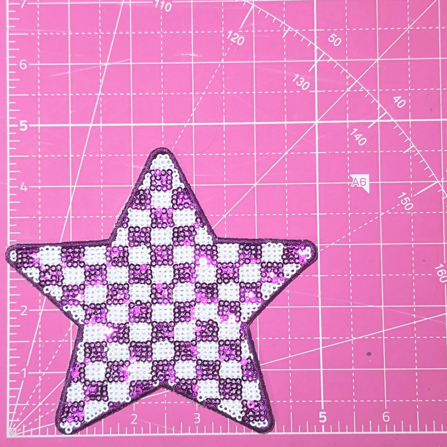 Checkered Star Purple and White Sequin Iron On Patch