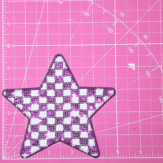 Checkered Star Purple and White Sequin Iron On Patch