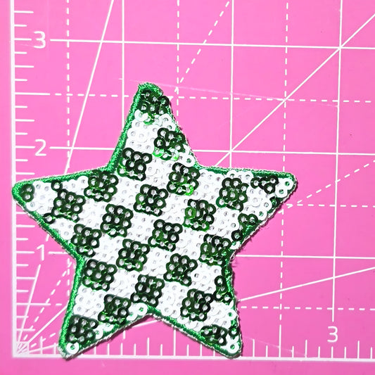 Checkered Star Small Green White Sequin Iron On Patch