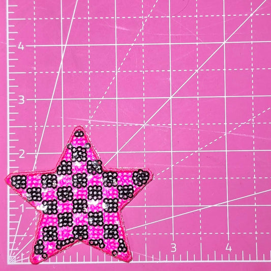 Checkered Star Small Pink Black Sequin Iron On Patch