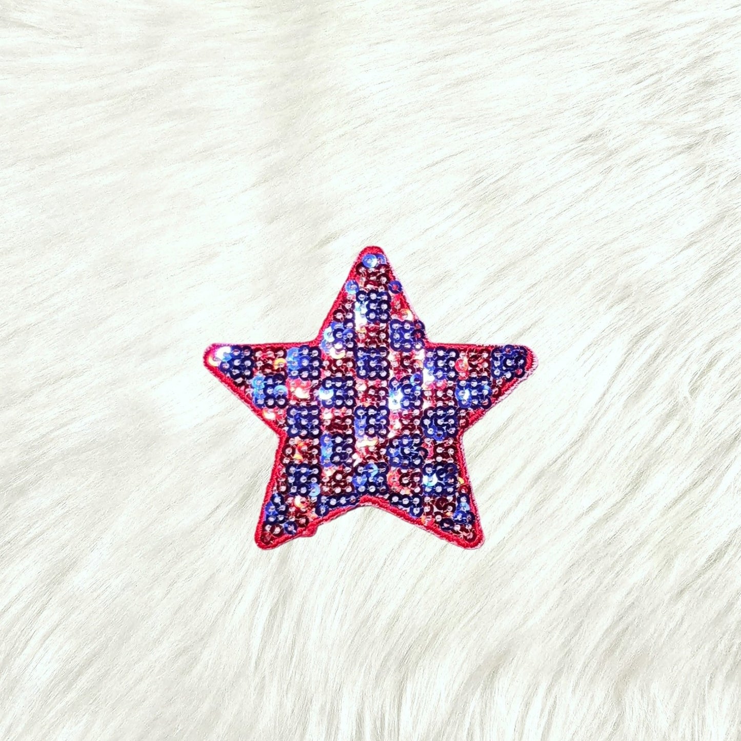 Checkered Star Small Red Blue Sequin Iron On Patch