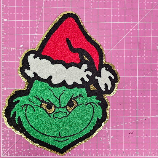 Large Grinchy Santa Hat Chenille Patch with Gold Glitter Iron On Patch