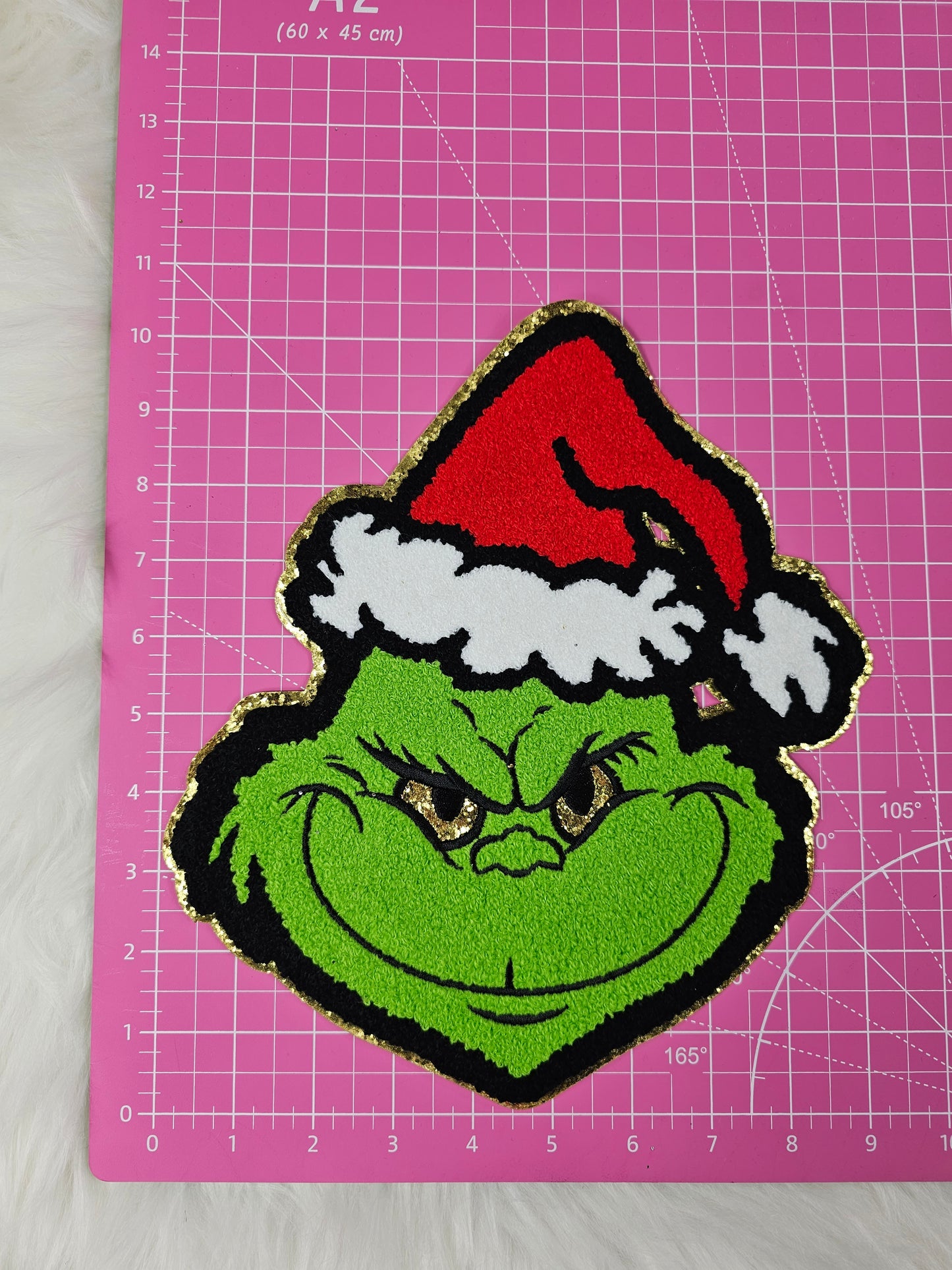 Large Grinchy with Gold Glitter Iron On Patch
