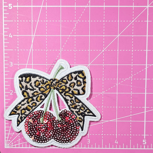 Cherries Cheetah Print Bow Iron On Patch
