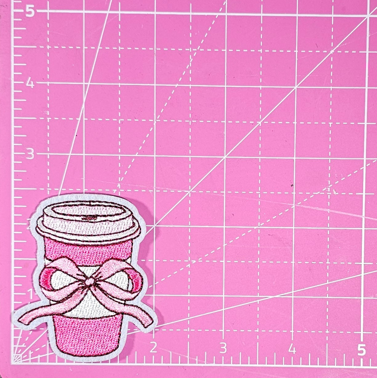 Pink Coffee with Bow Embroidery Iron On Patch