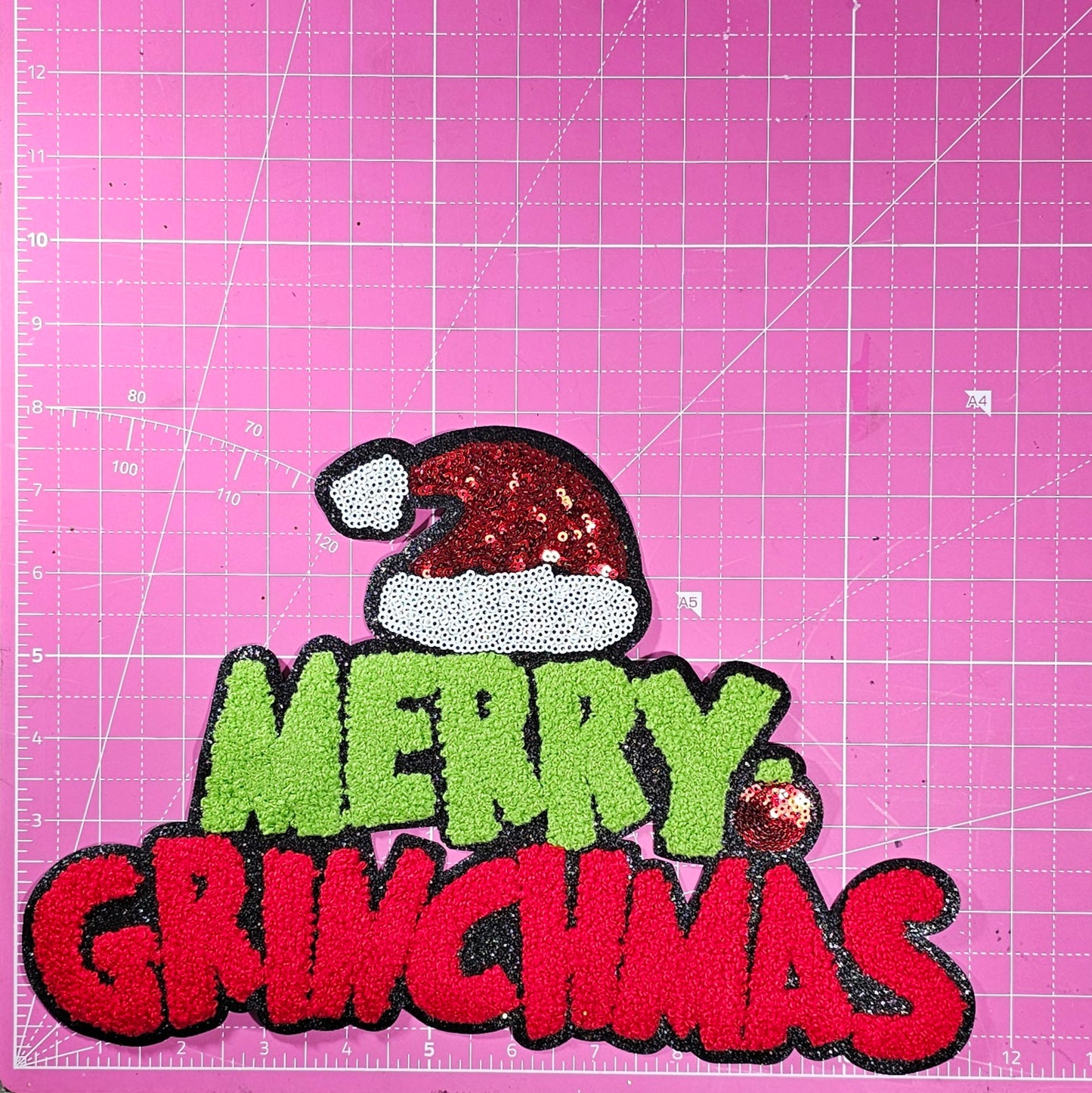 Merry Grinchmas Chenille Sequin Black Glitter Iron-on Patch