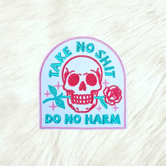 Take No Shit Do No Harm Skull Rose Turquoise Embroidery Iron On Patch