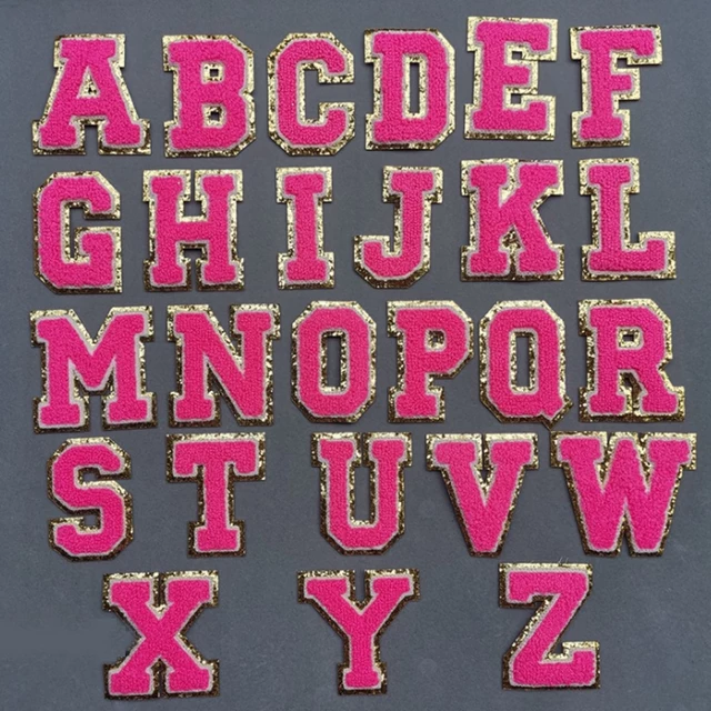 Hot Pink Chenille Iron On Gold Glitter Letter Patches