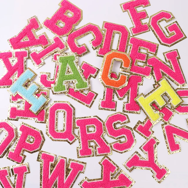 Hot Pink Chenille Iron On Gold Glitter Letter Patches