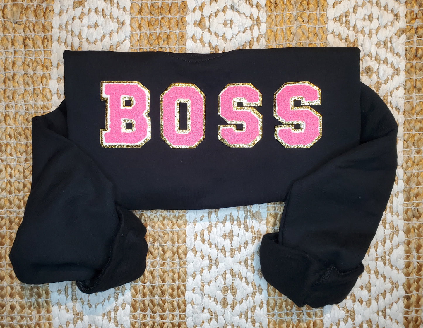 Bright Pink Chenille Iron On Gold Glitter Letter Patches